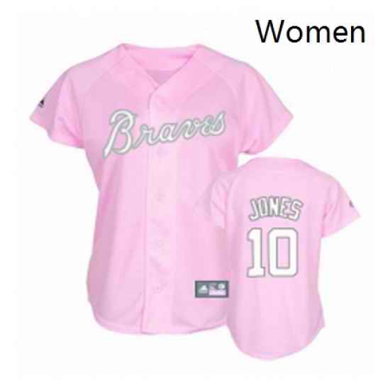 Womens Majestic Atlanta Braves 10 Chipper Jones Replica Pink MLB Jersey